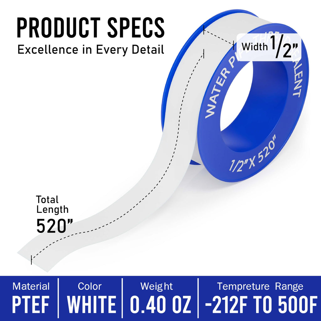D-NYX 10 Rolls Extra Long Teflon Tape 1/2 Inch(W) X 520 Inches(L) - Plumbers PTFE Tape – Thread Seal - Perfect for Shower Heads and Pipe - Home Plumbing Pipe Sealing - Sealant Tape