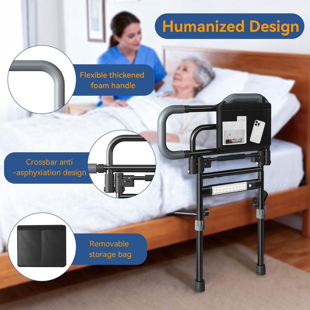 Bed Rails for Elderly Adults Safety, Foldable Bed Assist Rails for Seniors with Sensor Light & Storage Pocket, Adjustable Height, 180° One-Hand Folding Bed Side Rails Fit King Queen Full Twin