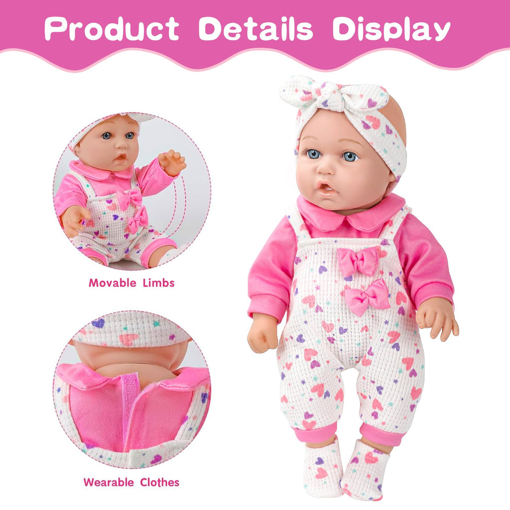 XFEYUE 12" Baby Doll with Pink Bowknot Clothing Set,12 Inch Realistic Baby Dolls with Clothes and Accessories,Pacifier Bottle Toy Pretend Play Collection for 3+ Child Girls Gifts