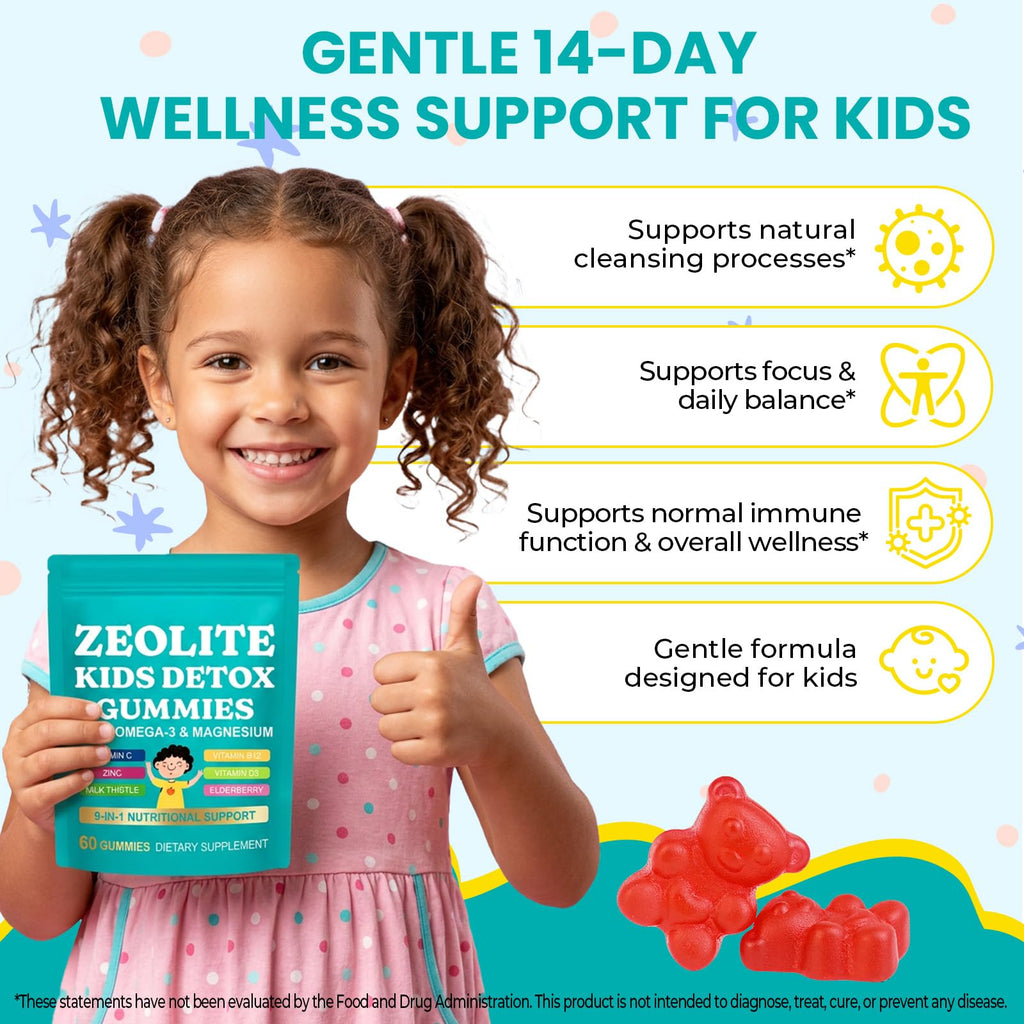 Zeolite Kids Gummies, Zeolite Detox for Kids with Zeolite, Omega-3, Elderberry, Vitamin C, Vitamin D3, Zinc, B12, for Energy, Focus, Digestive, Immune, Sugar Free (Mixed Berry Flavor-60 Gummies)