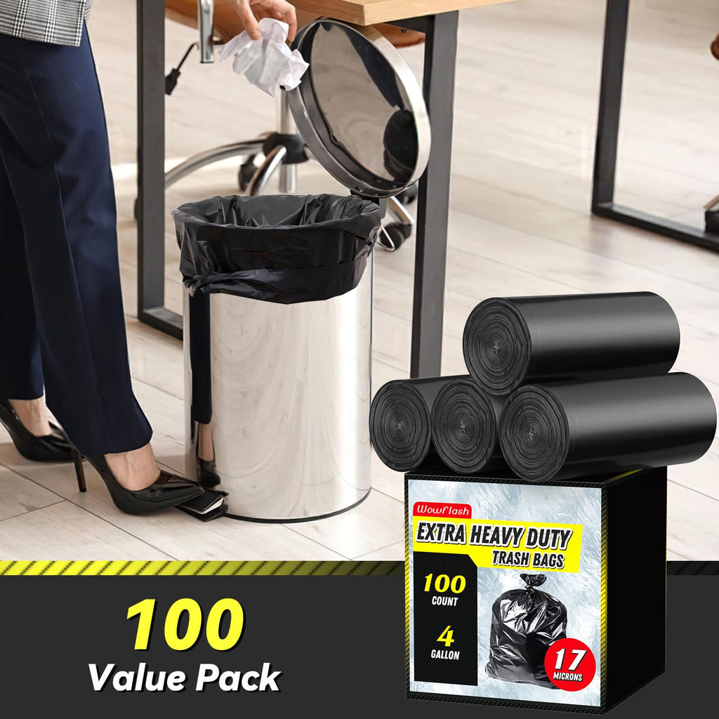 Wowflash 100 Count 17 Micron Extra Heavy Duty 4 Gallon Trash Bags