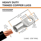 SELTERM 25pcs 2 AWG 5/16" Stud Marine Grade Tinned Copper Battery Cable Lugs, 2 Gauge Ring Terminals, UL Wire Lugs Electrical Battery Cable Ends, Tinned Copper Lugs Battery Terminal Connectors