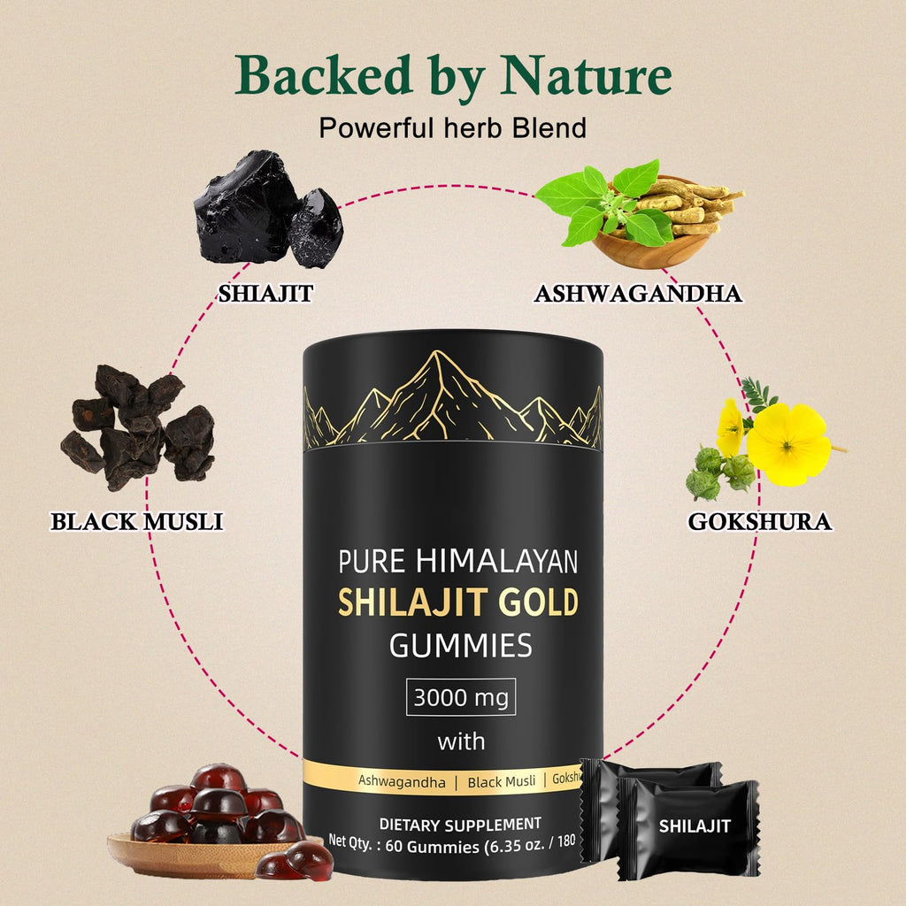 Shilajit Gummies for Men and Women, Himalayan Shilajit Gummies, 100% Natural Gold Grade Shilajit Riched with Ashwagandha Fulvic Acid & 85+ Trace Minerals, No Added Sugar, Vegan, Non-GMO - 60 Gummies