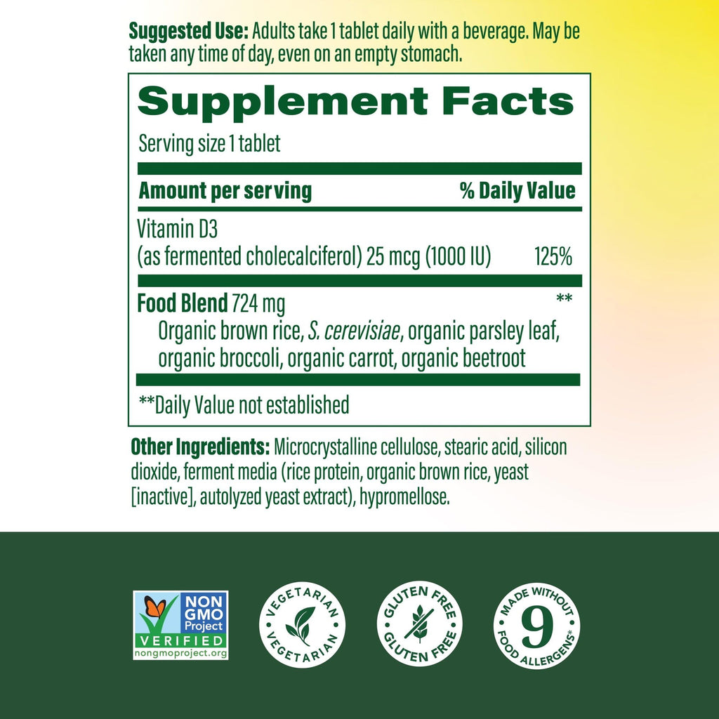 MegaFood Vitamin D3 1000 IU (25 mcg) - Vitamin D Supplements with Real Food, Immune Support, Supports Bones, Teeth & Muscles, Vegetarian, Gluten-Free, Non-GMO, Kosher – 60 Tablets, 60 Servings
