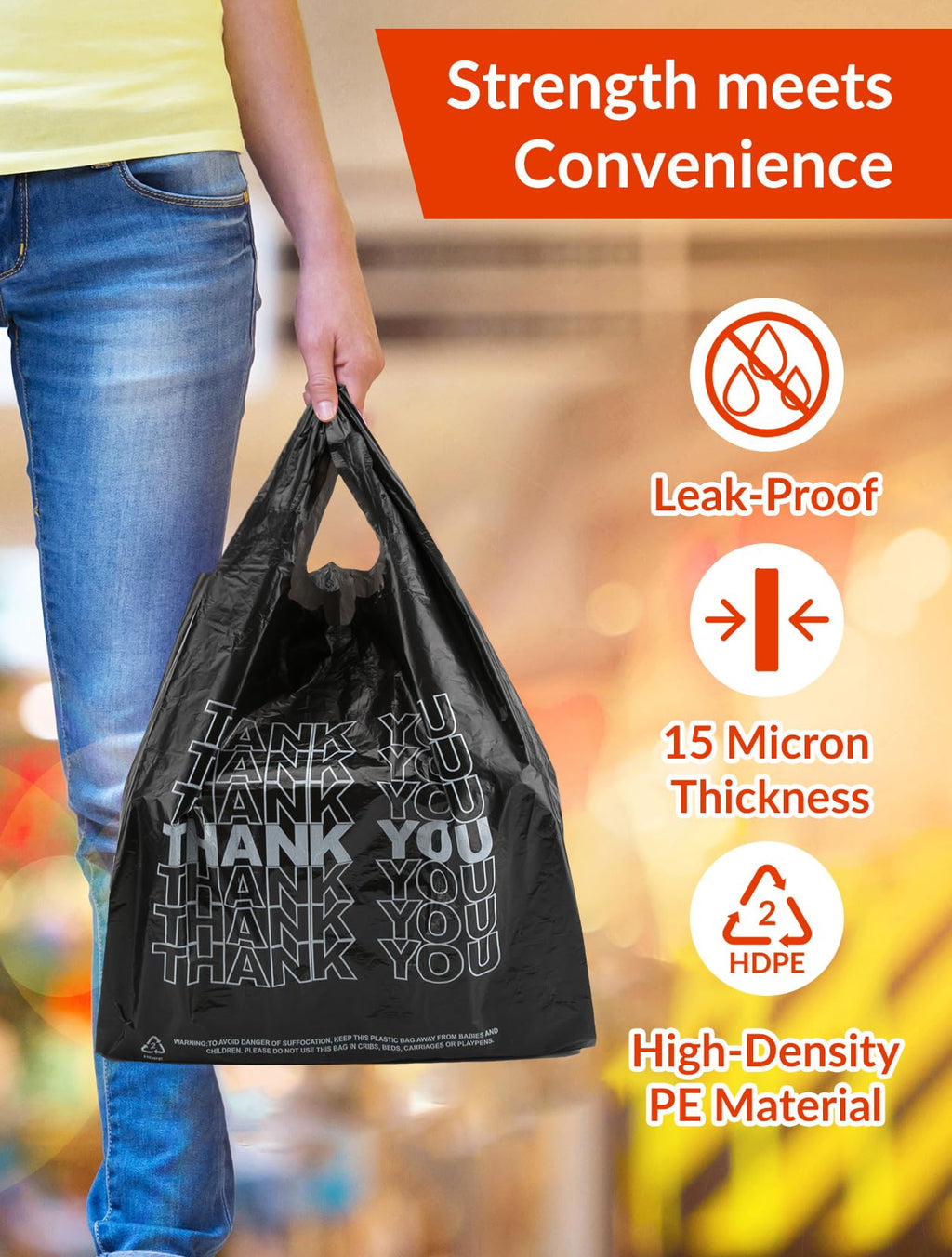UMT Plastar 300 Count Thank You Plastic Bags, 12" x 6" x 22", 15 Mic Black T Shirt Grocery Bags with Handles, Ideal for Restaurants, Retail, Grocery Stores, Takeout, Convenience Stores