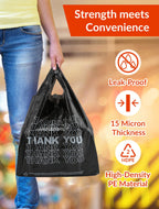 UMT Plastar 300 Count Thank You Plastic Bags, 12" x 6" x 22", 15 Mic Black T Shirt Grocery Bags with Handles, Ideal for Restaurants, Retail, Grocery Stores, Takeout, Convenience Stores