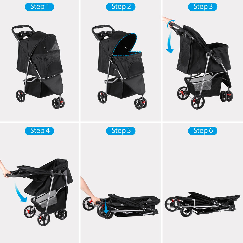 Foldable Pet Stroller for Cats and Dogs 3 Wheels Carrier Strolling Cart with Weather Cover, Storage Basket + Cup Holder (Black)