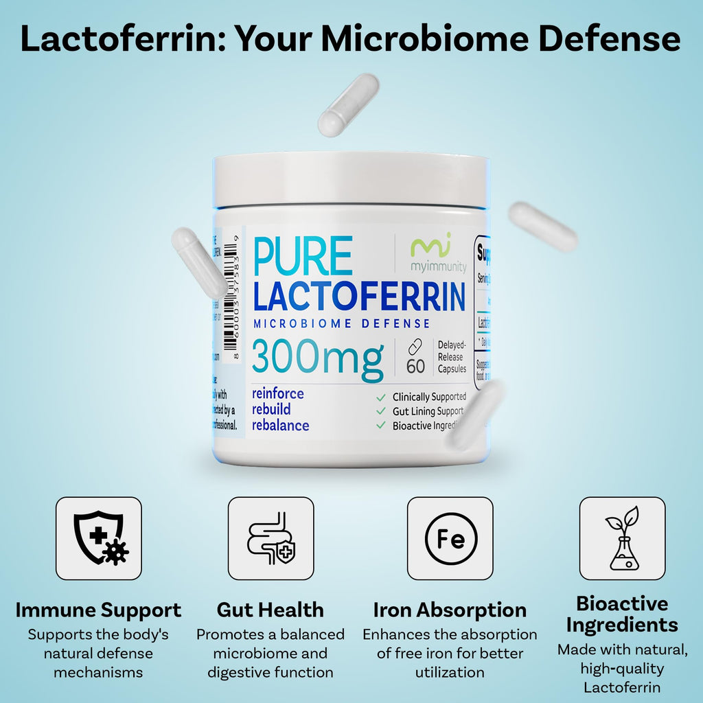 Lactoferrin 300mg Delayed Release Capsules - MyImmunity Premium Immune Support Supplement with Iron Absorption - Freeze Dried, Non-GMO, Gluten Free, Vegetarian - 60 Count (2 Month Supply)