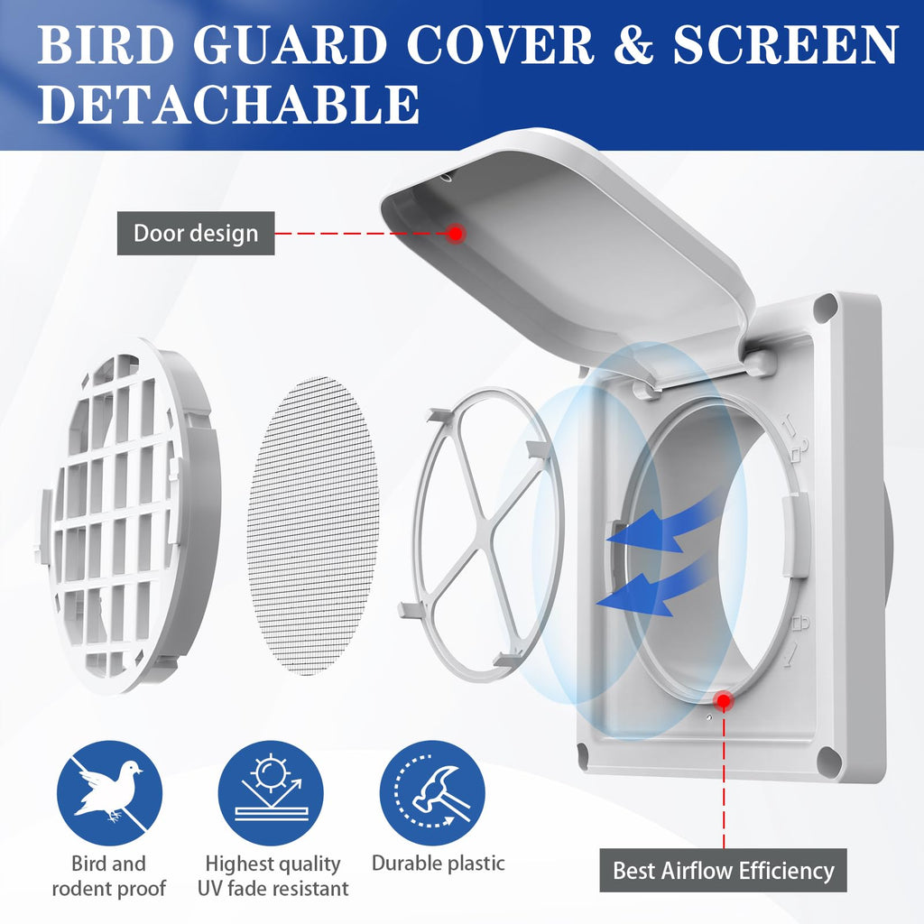 Houseluxe Dryer Vent Cover Outside 4 inch, Magnetic Door Design, Durable Airflow Vent with Lint Trap Screen, Thickened Material, 6 inch x 6 inch Size, White