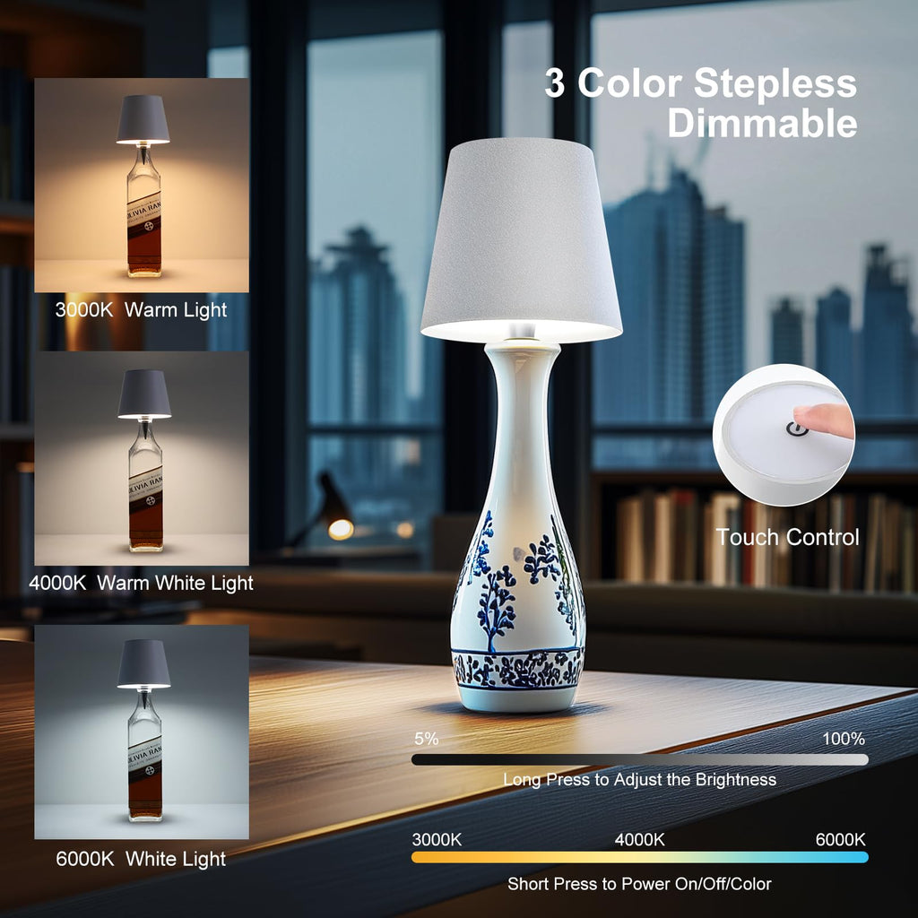 SOUDFK Wireless Bottle Lamp, 2024 New 3 Color Rechargeable Wine Bottle Lights for Bars Restaurants (Bronze, 1PC) v