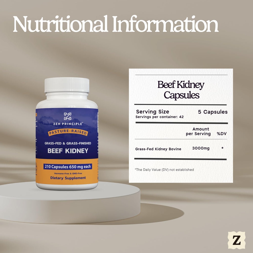 Zen Principle Grass Fed Beef Kidney Supplement, 210 Capsules, 3000 mg. DAO Enzyme for Histamine Health. Selenium and B12 for Thyroid Support.