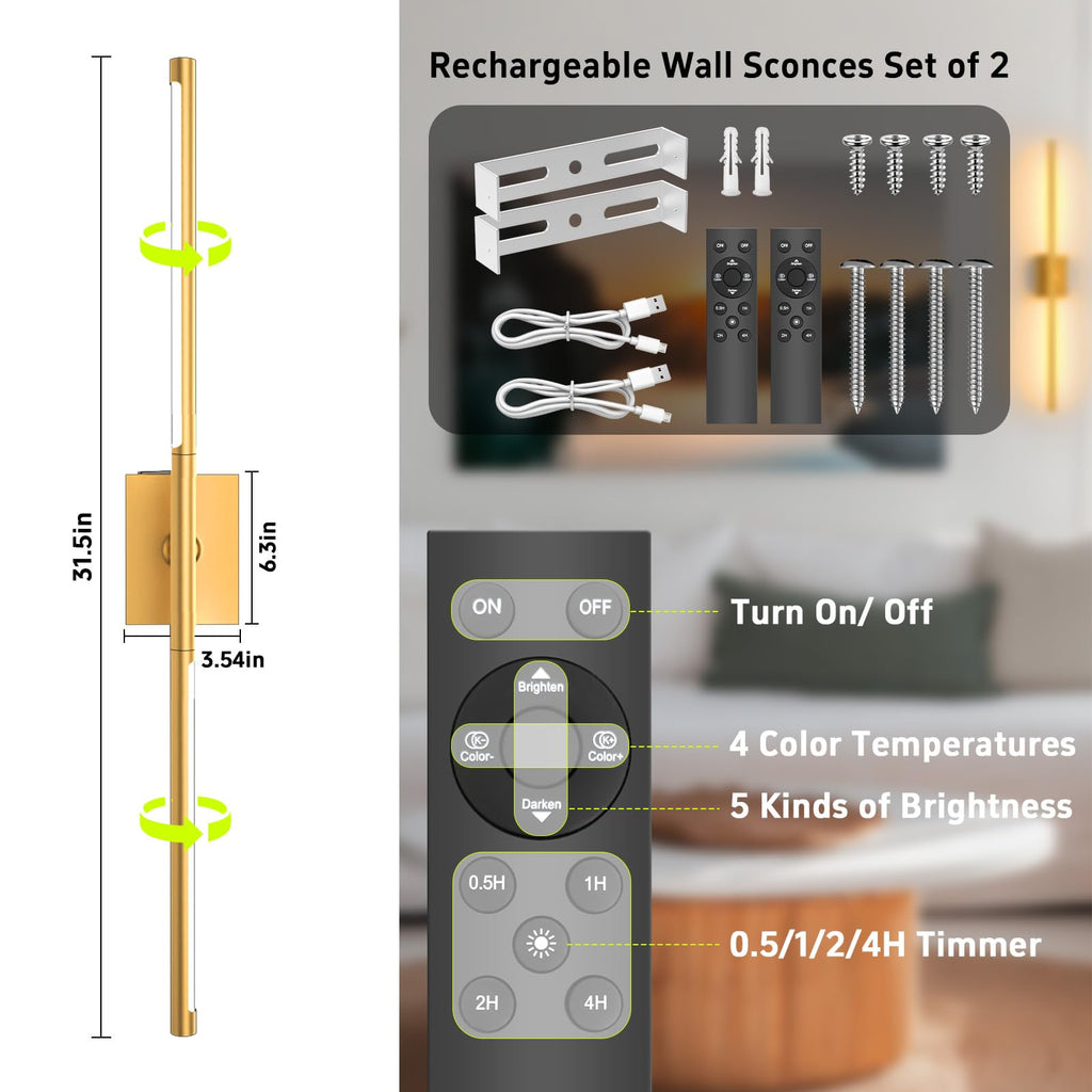 iThird 1 Pack Battery Operated Wall Sconce, Wireless Battery Wall Sconce with Remote Control, Gold LED Rechargeable Sconces, 31.5 Inch Modern Cordless Wall Lights for Bedroom Living Room Picture