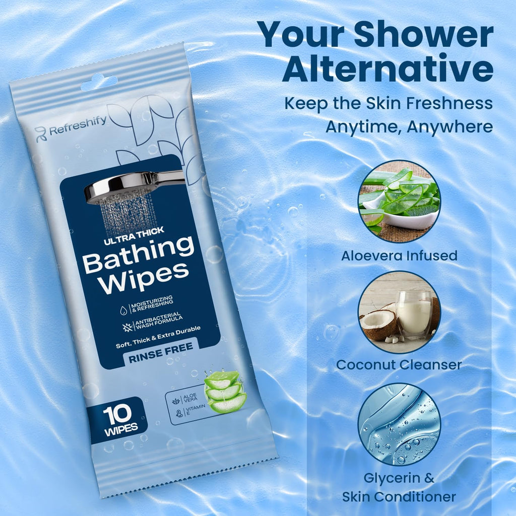Extra Thick Bath Wipes, Fresh Bathing Wipes | Shower & Bath Alternative | Body Wipe for Adults Bathing No Rinse | Microwavable with Aloe & Vitamin E | 10 Packs - 100 Ct