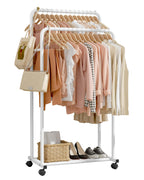 Sakugi Clothes Rack - Clothing Rack with Storage Mesh Shelf & Casters, Heavy-Duty Metal Clothing Rack for Hanging Clothes, Dresses, Coats, Large Load Capacity, Easy Assembly, White, 28.7"x16.5"x59.1"