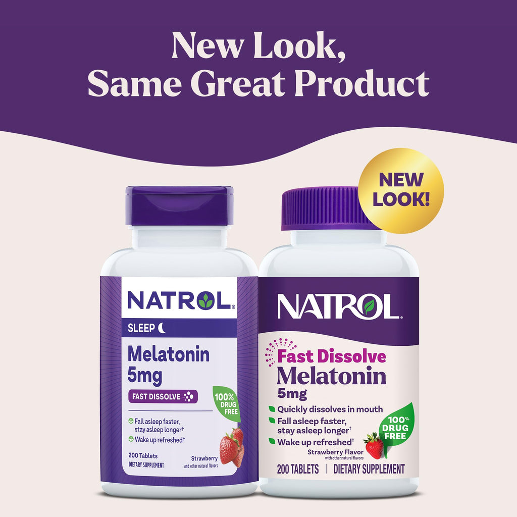 Natrol Melatonin 5mg Fast Dissolve Tablets, Sleep Support Supplements for Adults, Strawberry Flavor, 200 Tablets, Up to 200 Day Supply
