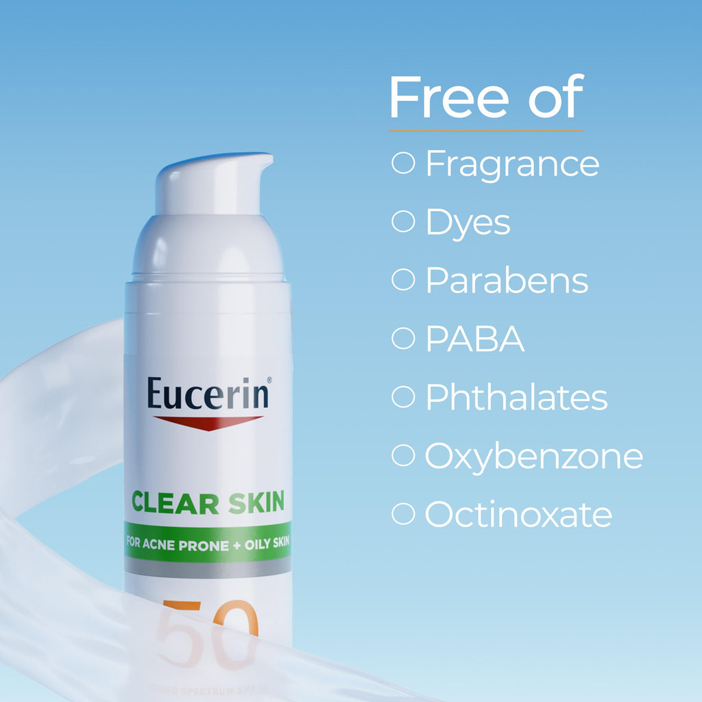 Eucerin Sun Clear Skin Face Sunscreen Lotion SPF 50 for Acne Prone and Oily Skin, Lightweight Sunscreen with Oil-Absorbing Minerals, Won't Cause Breakouts, Hypoallergenic, 2.5 Fl Oz Bottle