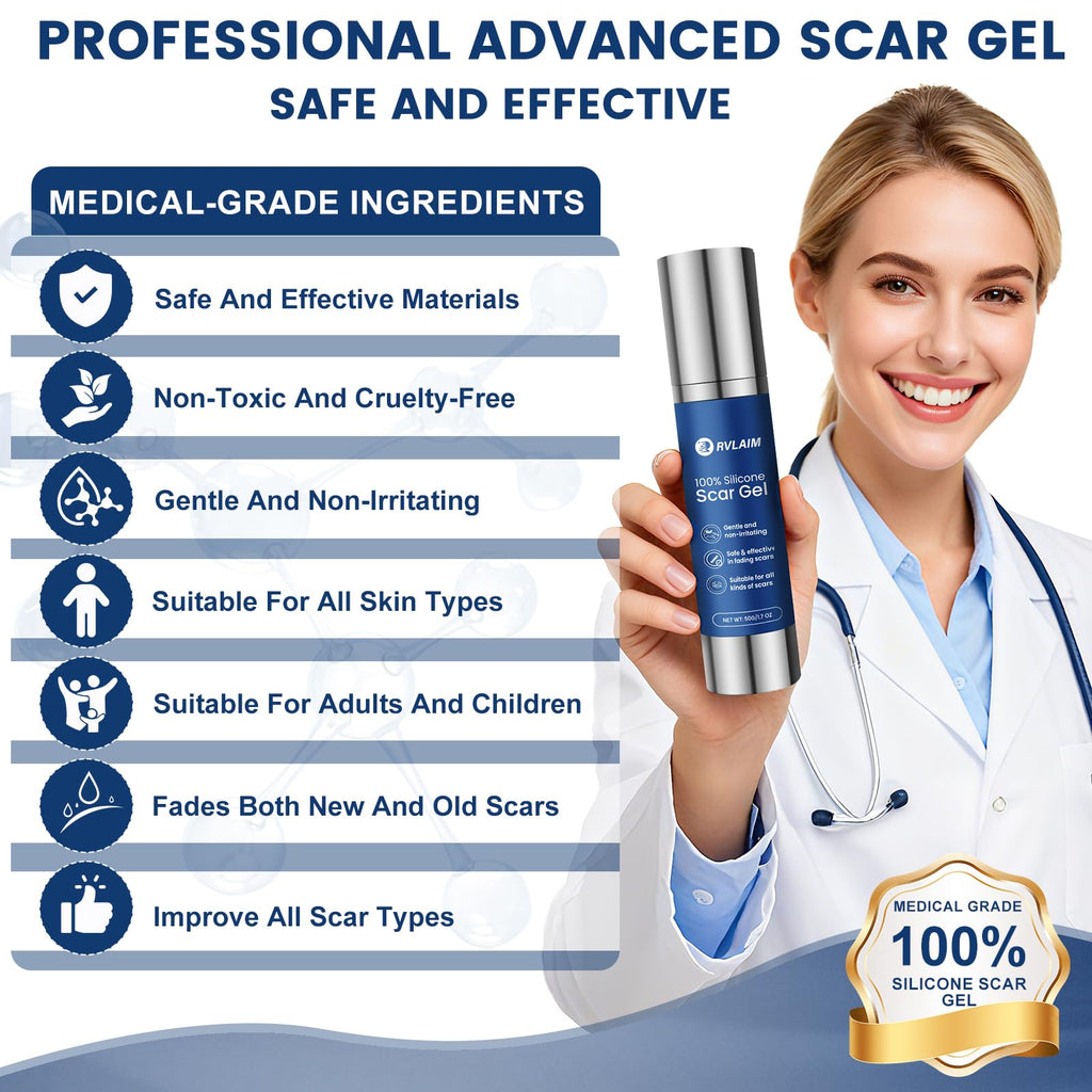 Rvlaim 100% Silicone Scar Gel Scar Cream, Advanced Silicone Gel for Removal of Surgical, Burns, Acne Scar, Old and Recent Scars and Stretch Marks, 1.7 oz/50ml
