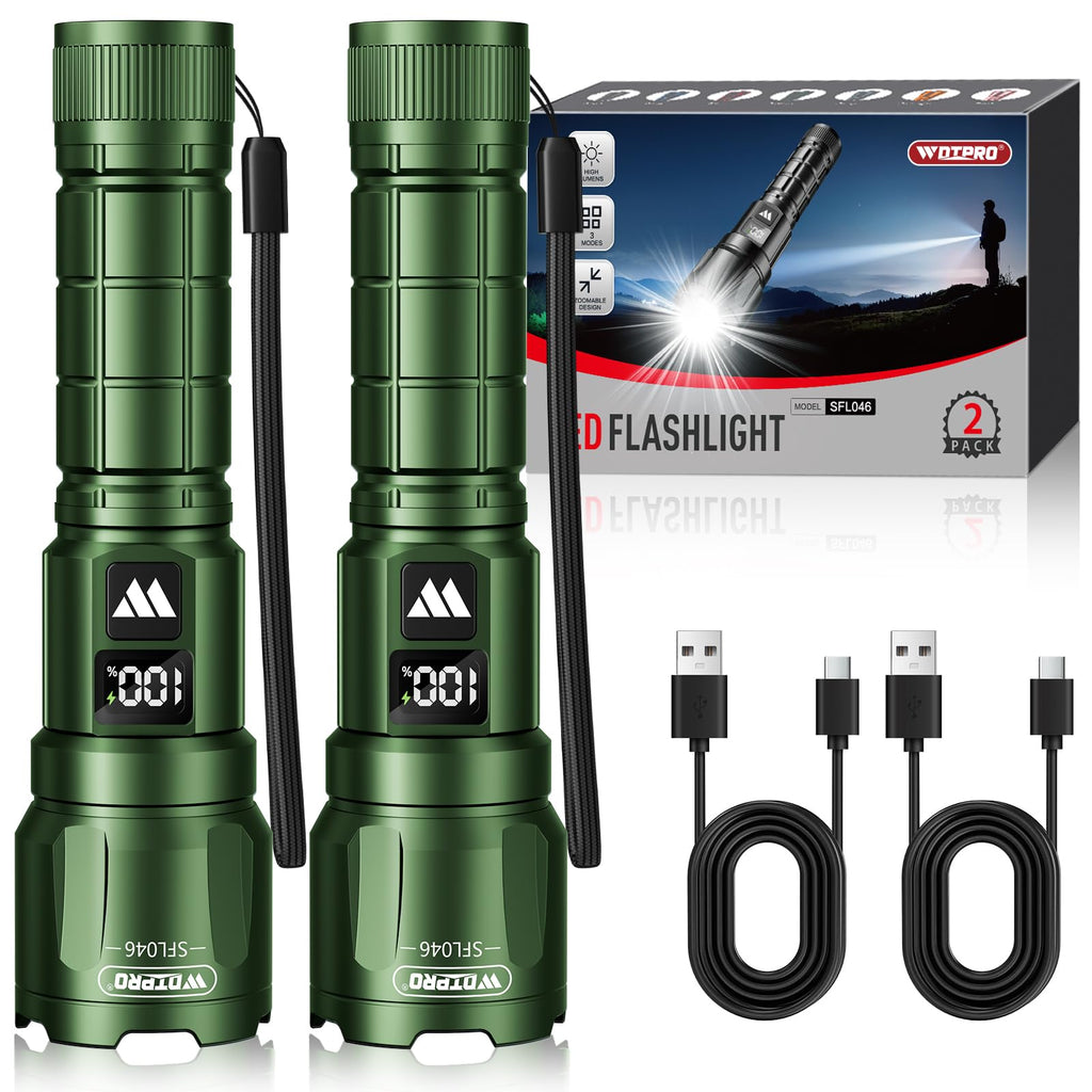 WdtPro LED Rechargeable Flashlight 2 Pack, 3 Modes Super Bright High Lumens Flashlights, Zoomable Tactical Flash Light with LCD Display, IP65 Waterproof Flashlights for Home Emergency Camping - Green