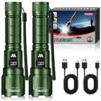 WdtPro LED Rechargeable Flashlight 2 Pack, 3 Modes Super Bright High Lumens Flashlights, Zoomable Tactical Flash Light with LCD Display, IP65 Waterproof Flashlights for Home Emergency Camping - Green