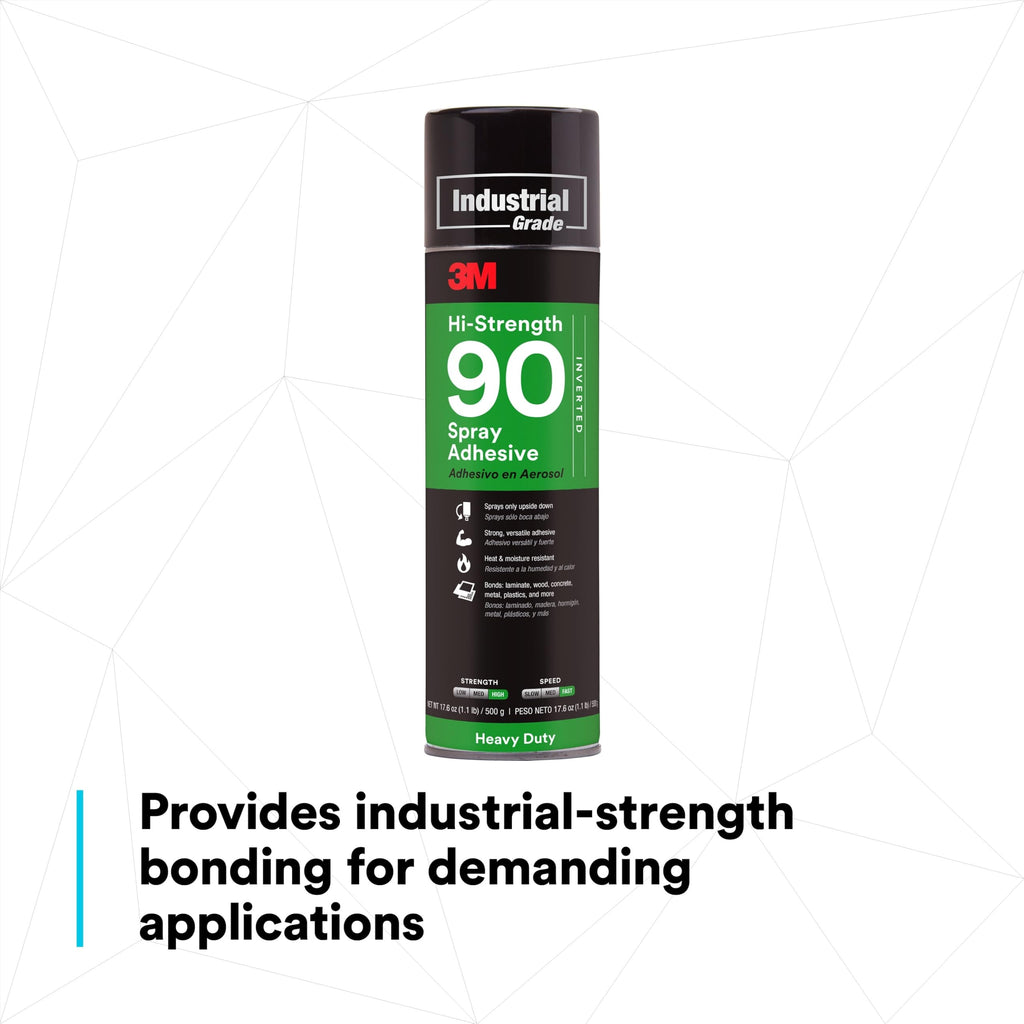 3M Hi-Strength 90 Spray Adhesive, Permanent, Bonds Laminate, Wood, Concrete, Metal, Plastic, Clear Glue, Net Wt 17.6 oz, Will Spray Upside Down Only