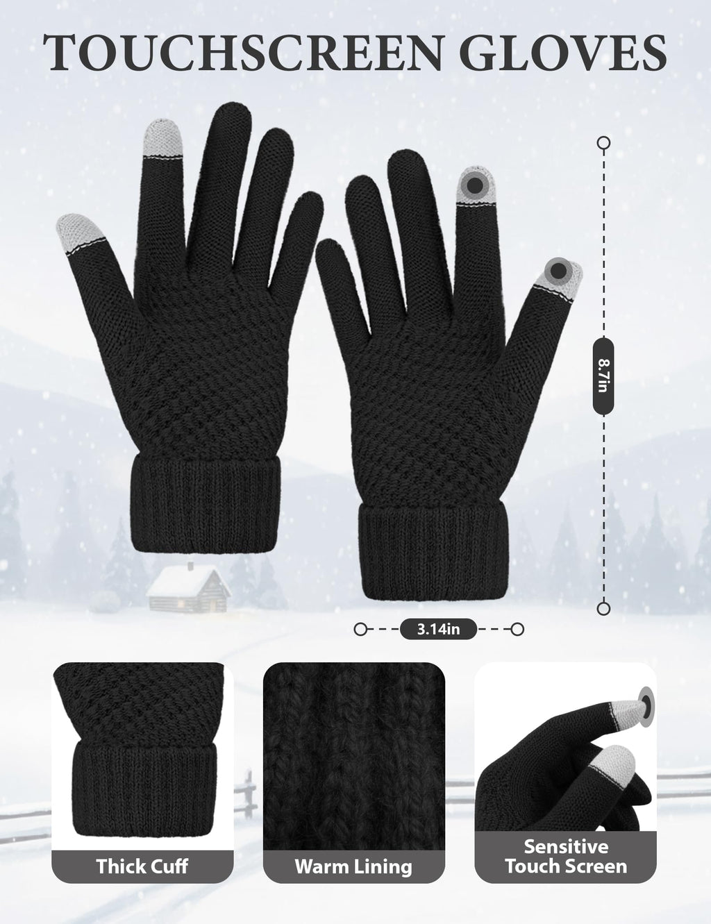 LOROME Winter Beanie Hat Scarf Gloves Set with Ear Muffs Warmer for Women