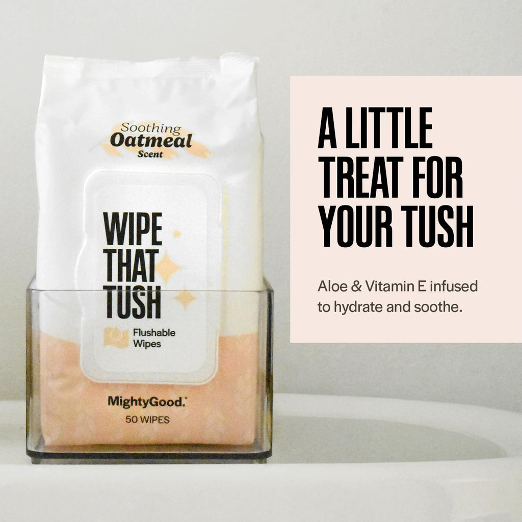 Wipe That Tush Flushable Wipes - 6 Packs of 50, 300 Total - Soothing Oatmeal Scent - Extra Large & Soft - Hypoallergenic With Aloe & Vitamin E - Septic-Safe
