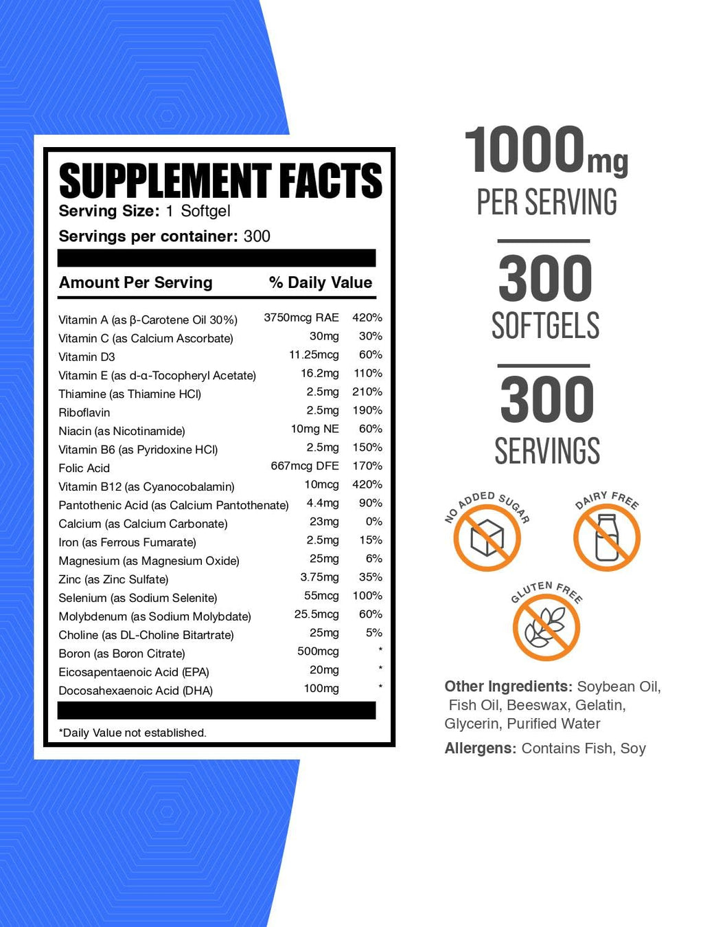 BulkSupplements.com Multivitamin for Men Softgels - Daily Multivitamin Supplement, Multimineral for Men with Fish Oil - Gluten Free, 1 Softgel per Serving (1000mg), 300 Count (Pack of 1)