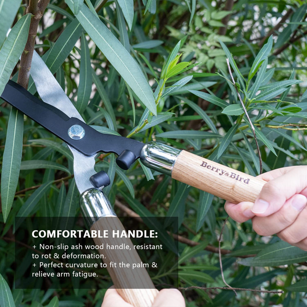 Berry&Bird Garden Hedge Shears,19.88''Heavy Duty Pruning Shear for Trimming Borders and Bushes, Manual Hedge Clippers with Wooden Handles & Carbon Steel Sharp Blades Gardening Scissors