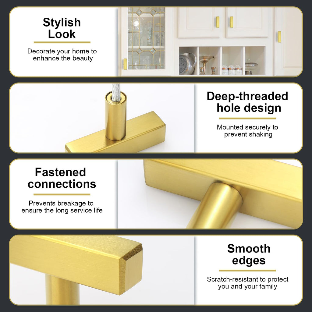 AEEKEL 30 Pack Brushed Brass Cabinet Knobs Single Hole Drawer Pulls, 2" Length Square Stainless Steel Kitchen Handles for Bedroom Bathroom Office