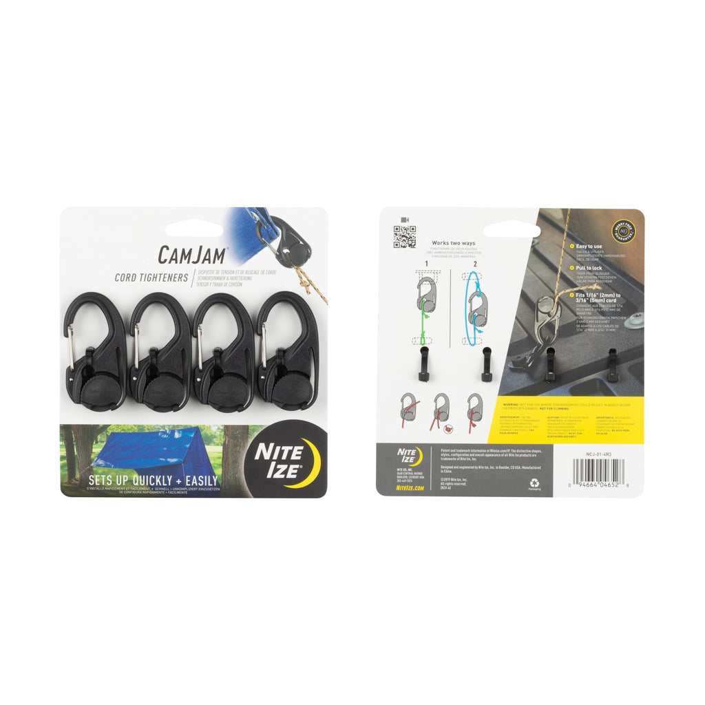 Nite Ize CamJam Cord Tightener - Adjustable Rope System for Camping & Hiking Gear - Carabiner Clip & Cam-Locking Mechanism - Rotatable Cam Design - Lightweight & Durable - Cord Tightener 4-Pack