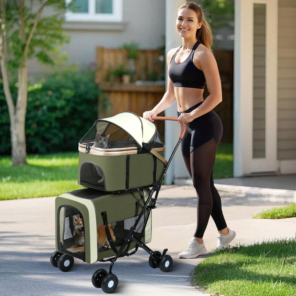 YYW Double Pet Stroller for Small Dogs & Cats - 4 in 1 Foldable Dog Stroller with 2 Detachable Carriers, Lockable Wheels & Safety Belts, Ideal for Multi-Pet Homes Walks & Travel(Black)