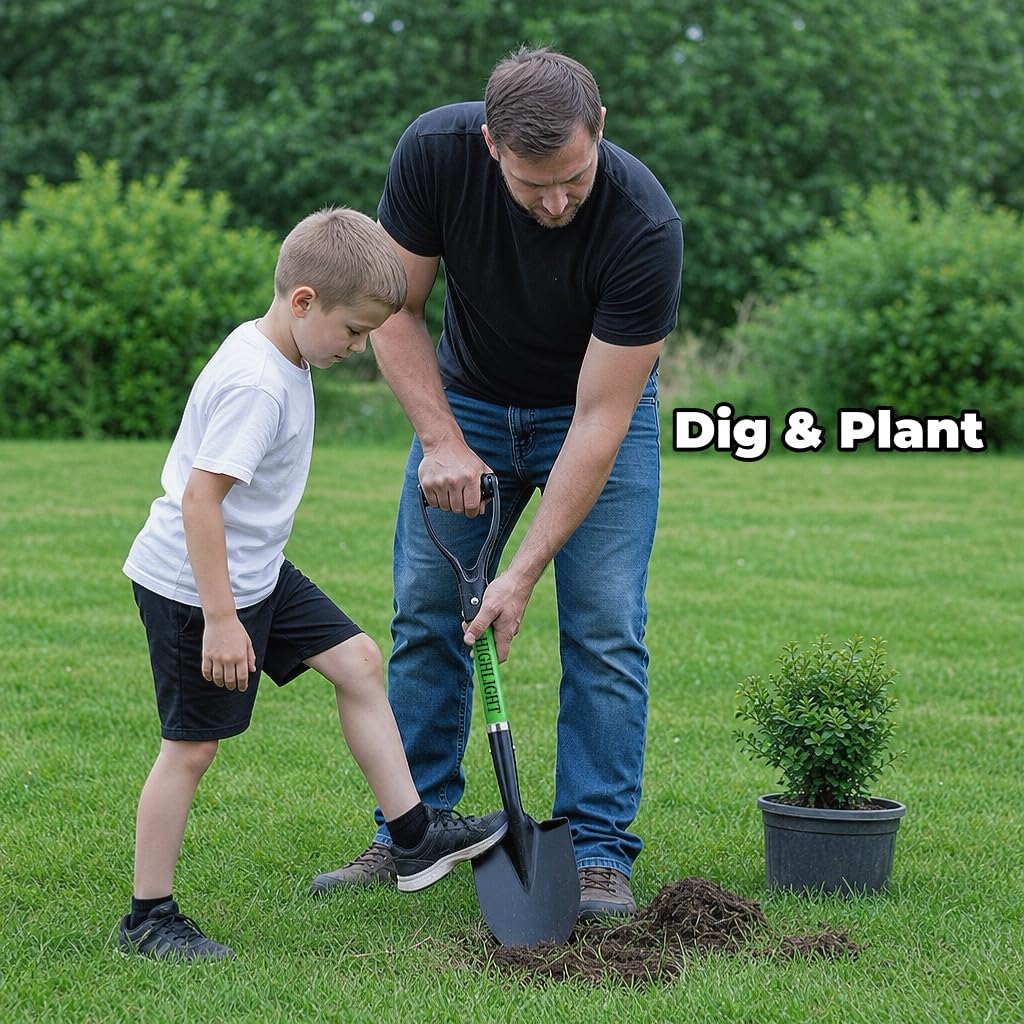HIGHLIGHT Kids Digging Shovel, Beach 28Inch Fiberglass D Grip Round Green