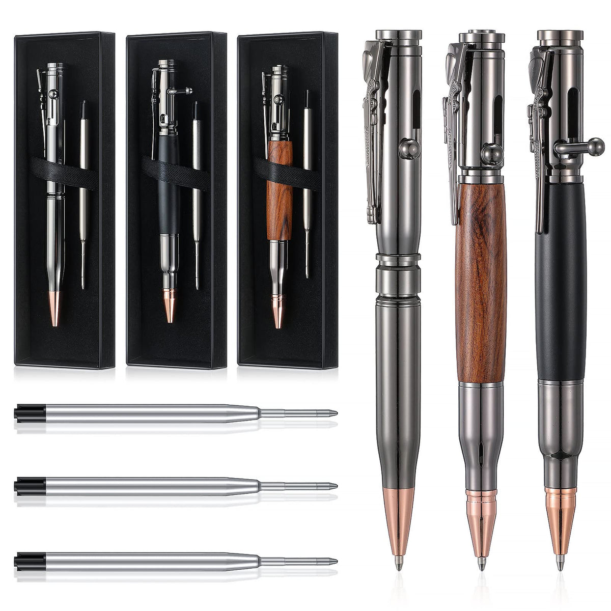 Crtiin 3 Sets Bolt Bullet Pens for Men, Wood Gray Black