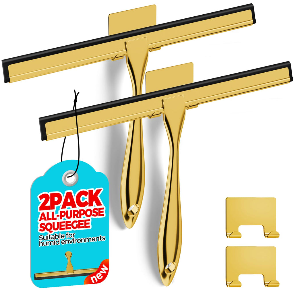 ALFLOD 2PACK 12-Inch Golden All-Purpose Shower Squeegee for Shower Doors, Bath Linen Sets, Tile Shower Walls, Bathroom, Window, Glass and Car Windshield, Mirrors and Kitchen-Stainless Steel