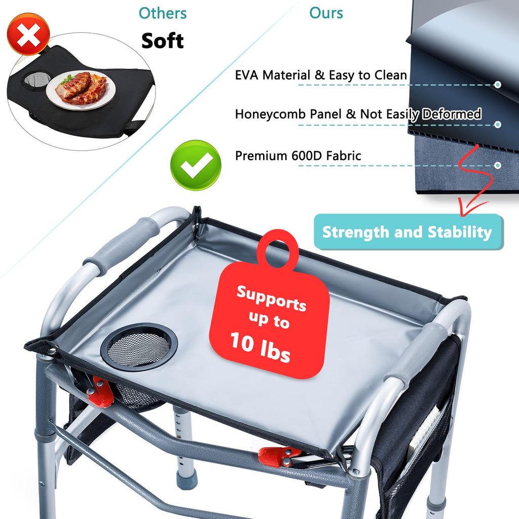BAGSFY Walker Tray w/Side Pocket for Folding Walkers – Walker Accessory for Seniors with Cup Holder, Non-Slip Mat, and Easy Installation – Universal Fit Walker Table for Meals, Drinks, Reading