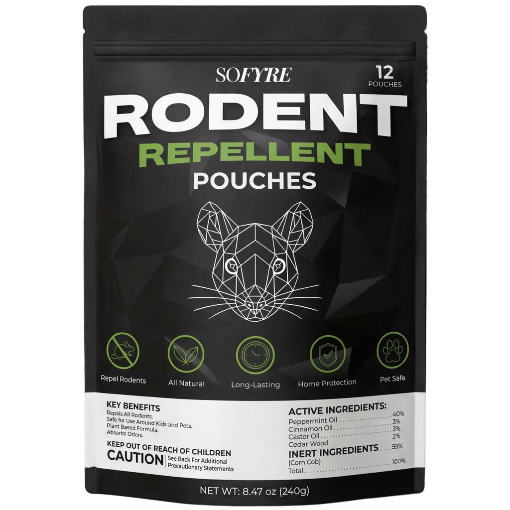 SoFyre Rodent Repellent Pouches 12-Pack Mouse Repellent for Home RV Garage Car Basement, Mice Indoor & Outdoor Deterrent, Peppermint Cinnamon Cedarwood Rat Repellent, Plant-Based Natural Pest Control