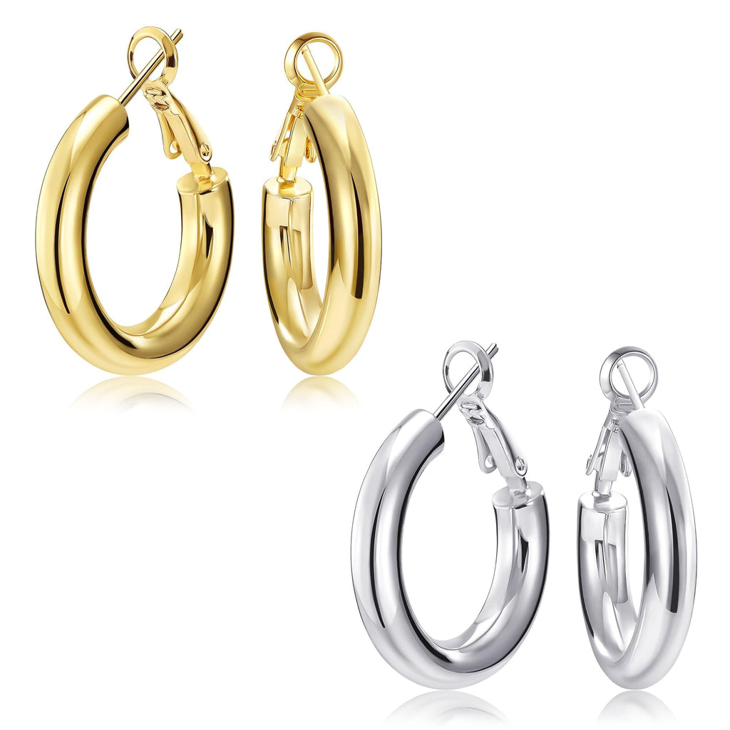 SHOWNII Chunky Gold Hoop Earrings - 14K Gold Plated Earrings for Women Hollow Tube Lightweight Thick Hoops Valentines Mother's Day Birthday Gifts