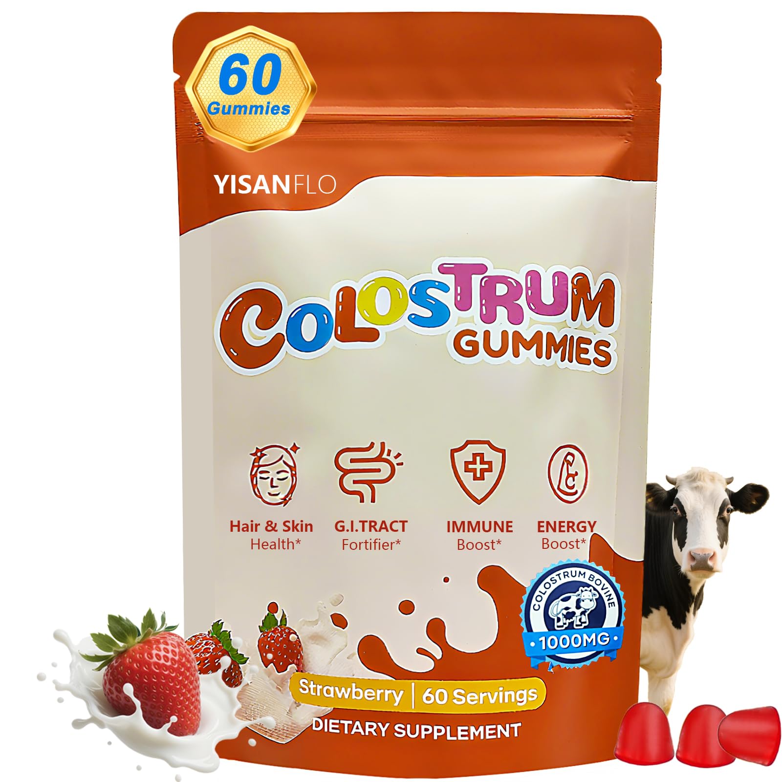 YISANFLO 60 Servings Colostrum Gummies | Delicious 1g per Serving Grass Fed Bovine Colostrum Supplement | Colostrum Chews for Gut Health, Immunity, Hair, Skin and Beauty | Strawberry Flavor