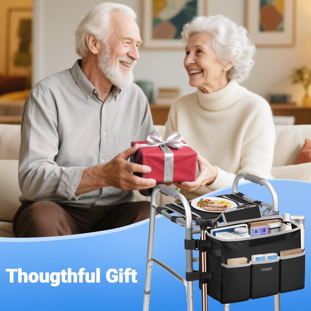 Ytonet Walker Basket with Tray, Detachable Walker Tray for Folding Walkers, Large Capacity Storage Basket with Phone and Crutch Holder, Water-Resistant Non-slip Walkers Accessories for Seniors (Black)