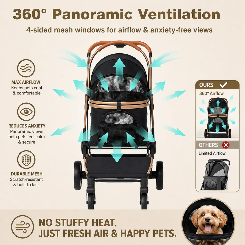 PAWPUBBY 6-in-1 Pet Stroller for Medium Dogs up to 50 lbs, Luxury Black & Gold Dog Stroller with Detachable Carrier, Foldable Travel Cat Stroller, Removable Pet Car Seat, 360° Rotating Wheels
