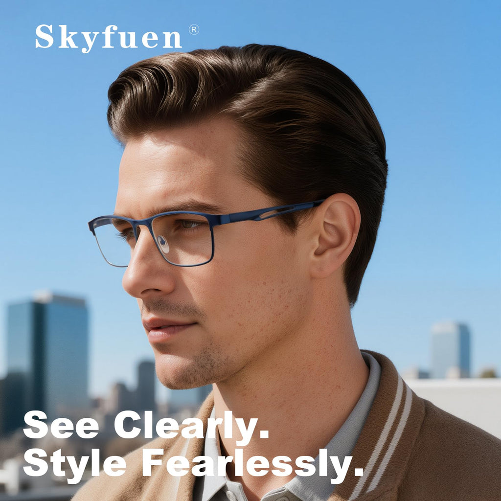 SKYFUEN Unbreakable Progressive Reading Glasses Men Multifocus Metal Full Frame, Blue Light Blocking/UV400 Protection Computer Readers with Durable Flexible Spring Hinges(Gunmetal+Navy Blue, +2.50)