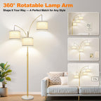 Dimmable Floor Lamp - 3 Lights Gold Arc Floor Lamps for Living Room, 1000LM Modern Tall Standing Lamp with White Shade&Marble Base, Mid Century Tree Floor Lamp for Bedroom Office, 3 LED Bulbs Included