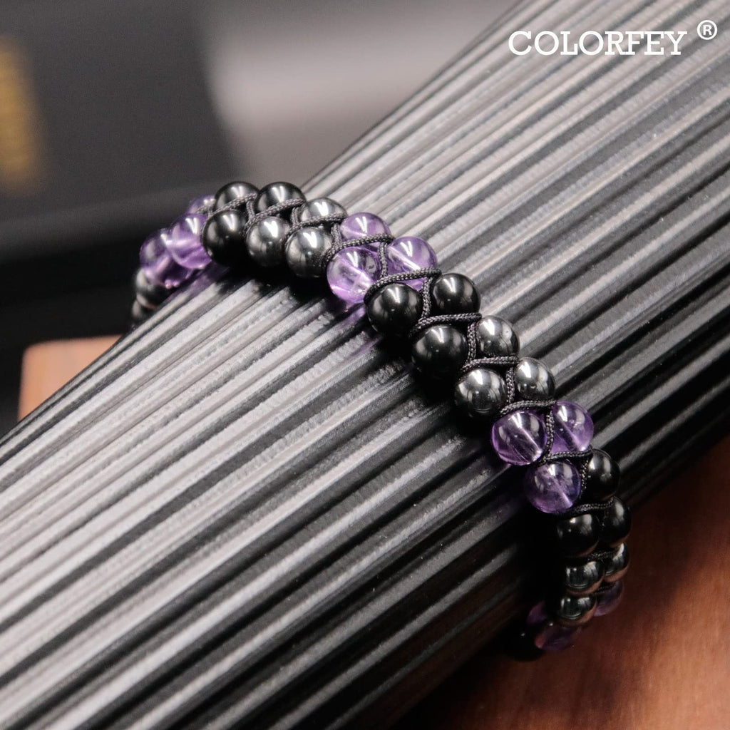 Triple Protection Bracelet for Women, Genuine Healing Crystal Bracelet Amethyst Black Obsidian Hematite 6mm, Pyramid Energy Crystal Beads Bracelets Stone Bracelets for Mom Wife for Protection Balance