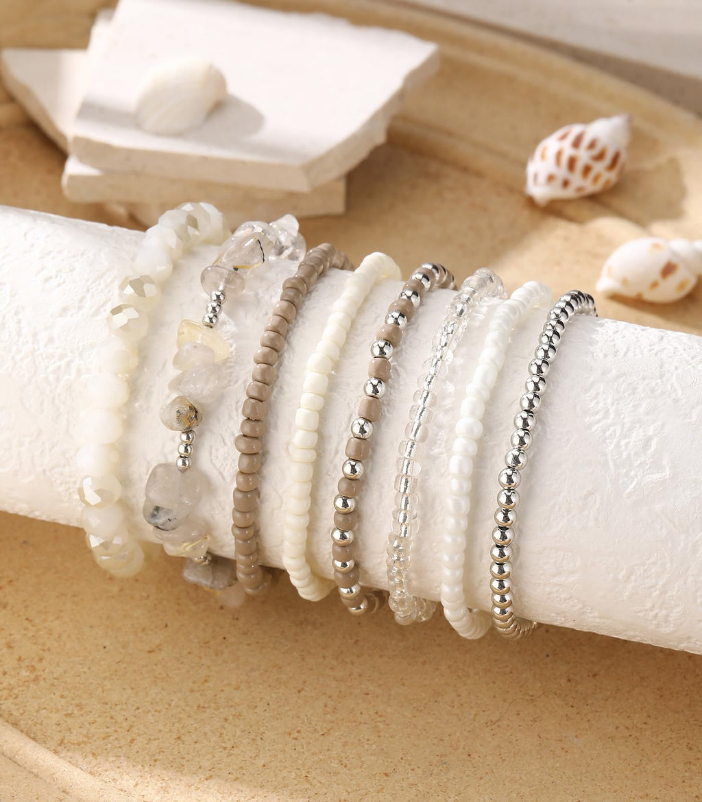 Noessla Boho Beaded Bracelets for Women Stackable Irregular Natural Stone Bead Stretch Bracelet Set 8PCS Costume Jewelry Gifts for Her(Beige)