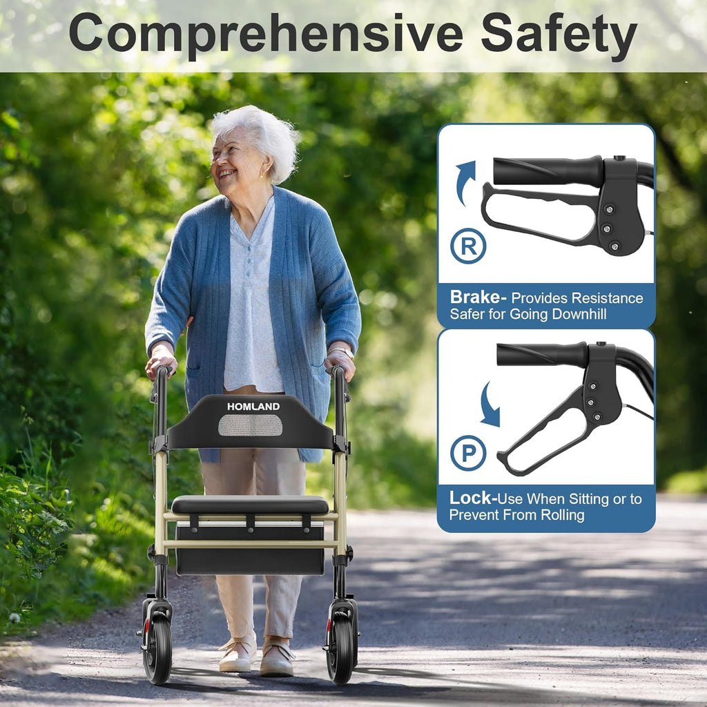 HOMLAND Foldable Rollator Walkers with Seat for Seniors, 8'' Big Wheels, 350 lb. Weight Capacity, Adjustable Handles and Seat Height, Lightweight Rolling Walker, Champagne Gold