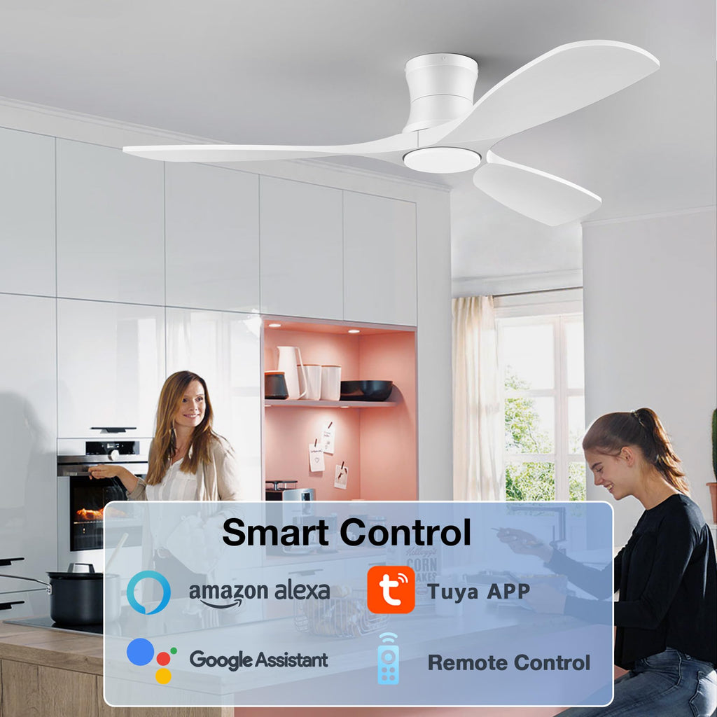 52” Smart Wood Ceiling Fans with Lights,Low Profile Flush Mount Ceiling Fan with Remote Alexa App Control,3 White Blades,Outdoor Indoor Use for Modern Bedroom Patio,Dimmable LED,6-speed,Quiet DC Motor