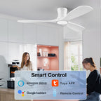 52” Smart Wood Ceiling Fans with Lights,Low Profile Flush Mount Ceiling Fan with Remote Alexa App Control,3 White Blades,Outdoor Indoor Use for Modern Bedroom Patio,Dimmable LED,6-speed,Quiet DC Motor