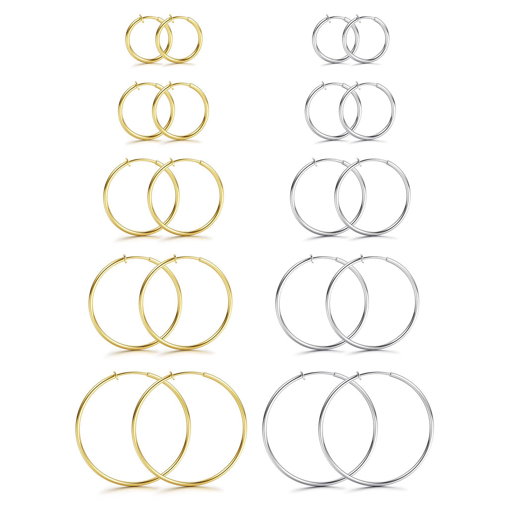 CASSIECA 10 Pairs Clip On Hoop Earrings for Women Fake Earrings Gold Silver