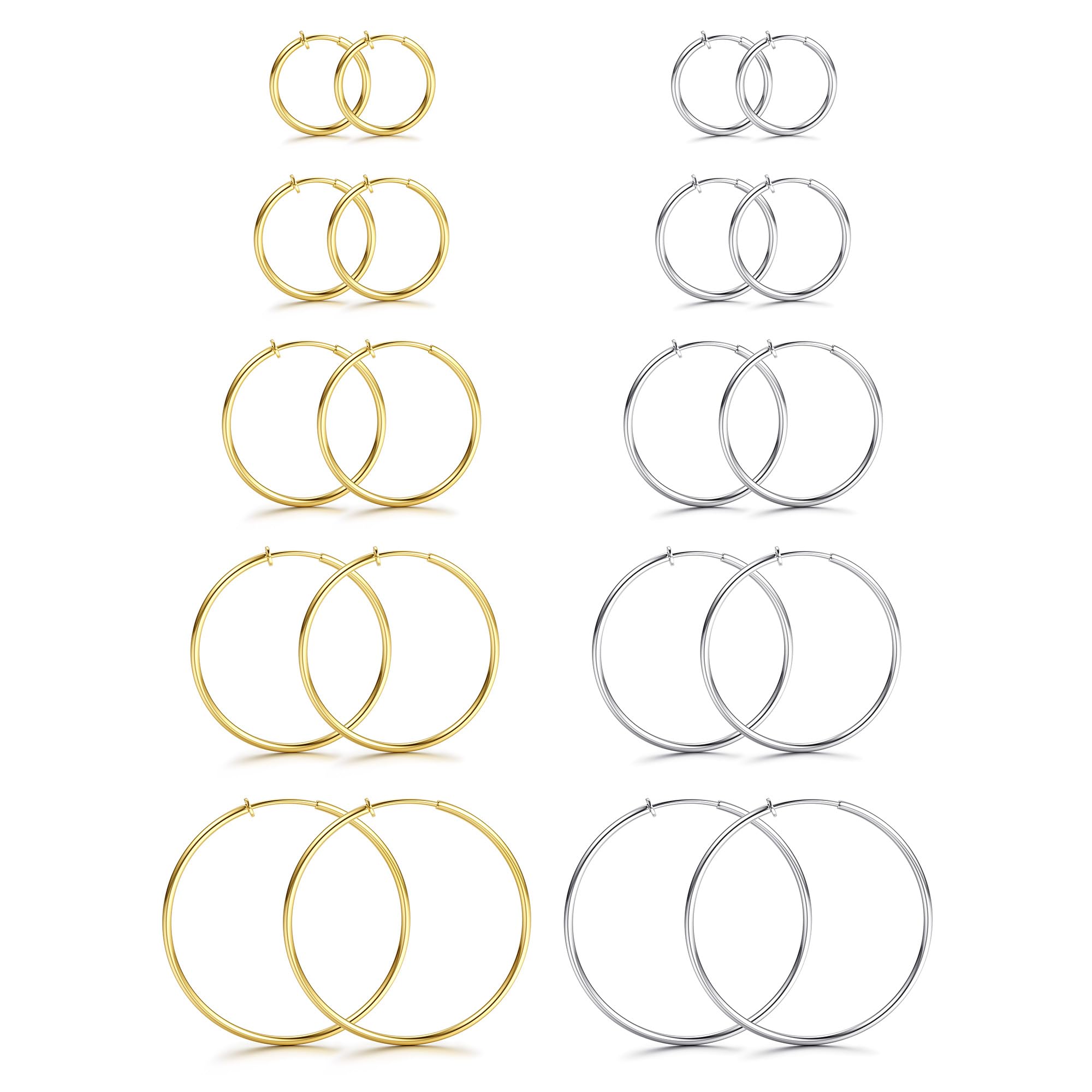 CASSIECA 10 Pairs Clip On Hoop Earrings for Women Fake Earrings Gold Silver