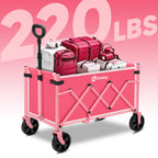 Sekey Wagon Cart with Wheels with 220LBS Capacity,Heavy Duty Wagon Carts Foldable,Lightweight Utility Portable Cart for Grocery, Shopping, Garden, Camping. Pink